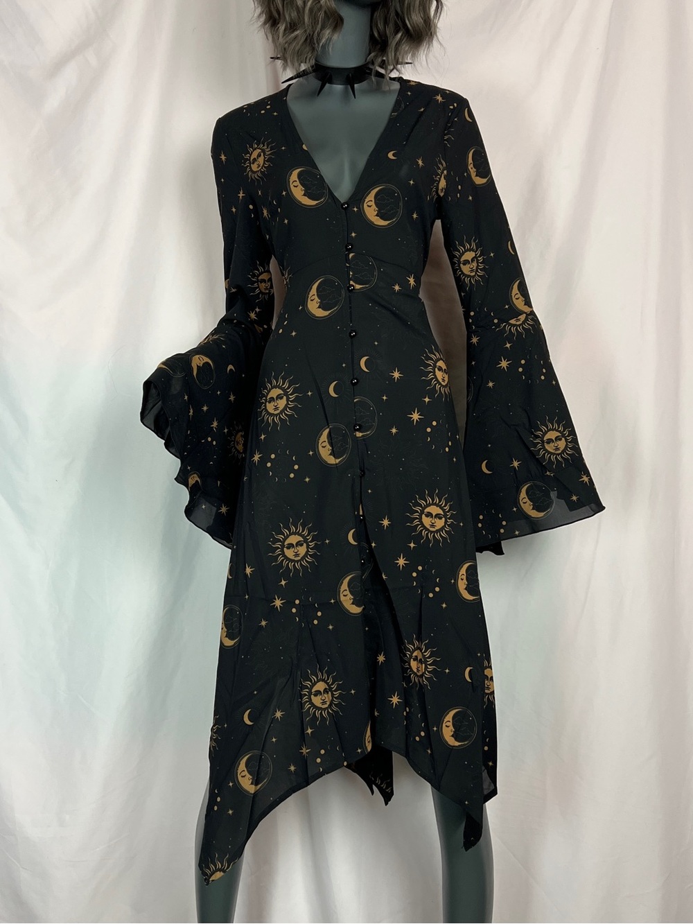 Killstar Black & Gold Celestial Orbit Bell Sleeve Dress - Picture 2 of 8